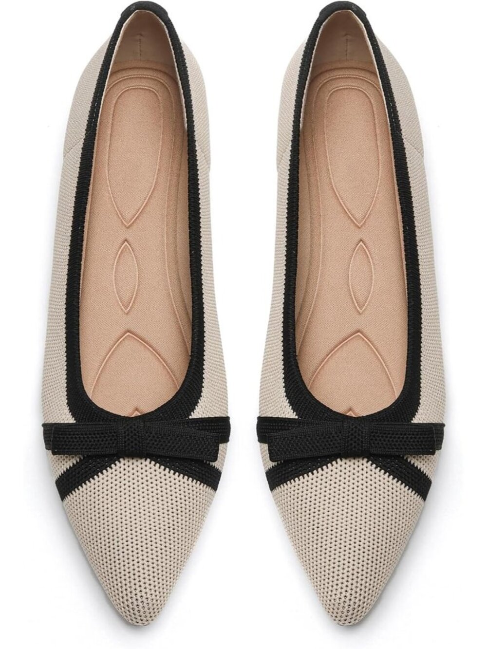 Women's Beige And Black Comfortable Pointed Toe Knit Foldable Ballet Flat Shoes